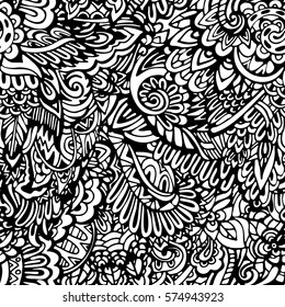 Vector seamless black and white paisley abstract hand-drawn pattern with waves and doodle floral