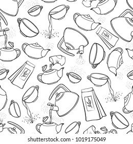 Vector seamless black and white pattern sketch illustration tea brew procedure icons. Tea making instruction. Guidelines how to make hot aromatic drink. Teapot and boil in the kettle water.