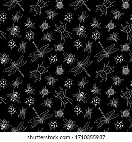 Vector seamless black and white pattern of different hand drawn doodle isolated insects