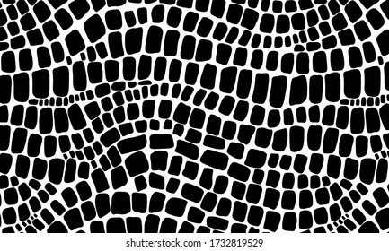 Vector seamless black and white pattern of snake and crocodile skin on an isolated white background. Stock texture of the animal. Fashion design, print on fabric wallpaper, website template design.