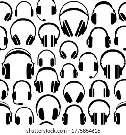 Vector seamless black and white seamless pattern with a set of different headphones and microphones