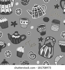 Vector seamless black and white pattern. Retro kitchen objects: teapots, cups, jar with jam, cakes, lemons. Cute hand drawing backdrop