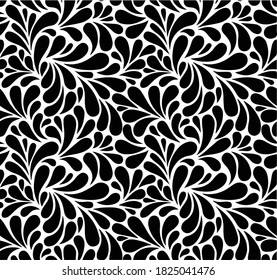 Vector seamless black and white pattern with drops. Monochrome abstract floral background.