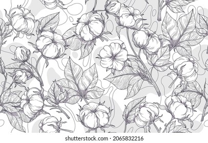 Vector, seamless, black and white pattern of cotton flowers drawing lines. Cotton branches with leaves are suitable for fabric, textiles, clothing, web pages, wallpapers, backgrounds, colorings