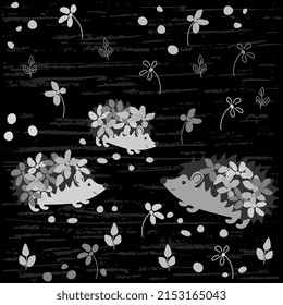 Vector seamless black and white pattern with flowers and cute hedgehogs on a dark background, childish illustration