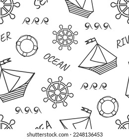 Vector seamless black and white pattern on a marine theme