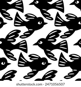 Vector seamless black and white pattern with birds in woodcut style.