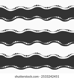 Vector seamless black and white pattern. Dotted waves pattern. Wavy seamless background. Monochrome vector pattern.