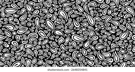 Vector seamless black and white pattern with drops. Monochrome abstract floral background.