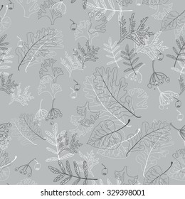 Vector seamless black and white pattern of autumn leaves with gray background