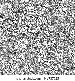 vector seamless black and white pattern of spirals, swirls, doodles