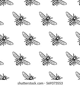 Vector seamless black and white pattern with linear bee. Organic honey background. Concept for honey package design, label, wrapping, fashion prints.