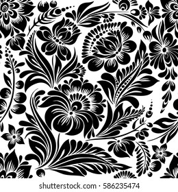 vector seamless black and white pattern with abstract stylized flowers in folk style, hohloma, petrikovka.
Ethnic floral ornamental design for textiles, wallpaper, packaging