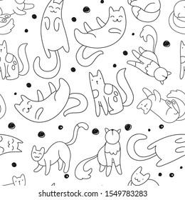 Vector seamless black and white repeating pattern with cats in Scandinavian style. Childish seamless pattern with hand-drawn cats. Vector stock illustration of cats.