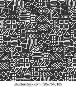 Vector Seamless Black and White Retro Jumble Geometric Line Shapes Hipster Pattern Abstract Background. Memphis Style Pattern