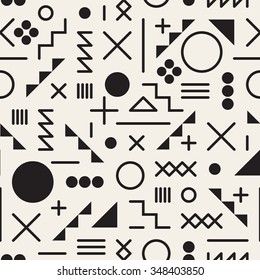 Vector Seamless Black and White Retro 80's  Jumble Geometric Line Shapes Hipster Pattern Abstract Background