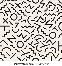 Vector Seamless Black and White Retro Jumble Geometric Line Shapes Hipster Pattern Abstract Background