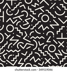 Vector Seamless Black and White Retro Jumble Geometric Line Shapes Hipster Pattern Abstract Background