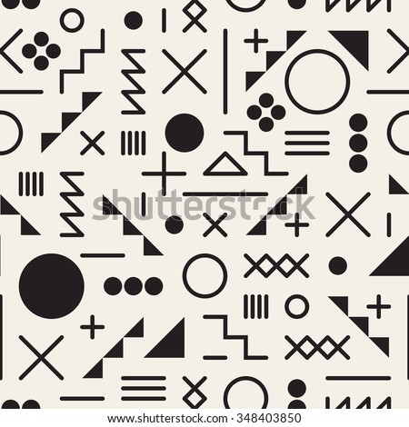 Vector Seamless Black and White Retro 80's  Jumble Geometric Line Shapes Hipster Pattern Abstract Background