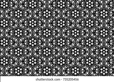 Vector Seamless Black and White Round Star Lace Ornamental Pattern