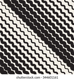 Vector Seamless Black and White Rounded Wavy Parallel Diagonal ZigZag Lines Halftone Pattern