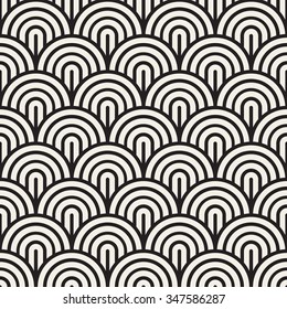 Vector Seamless Black and White Rounded Arc Concentric Circles Pattern Abstract Background