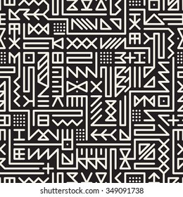 Vector Seamless Black And White Rounded Line Geometric Hipster Signs Pattern Abstract Background