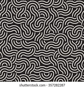 Vector Seamless Black and White Rounded Arc Lines Irregular Interlacing Pattern Abstract Background