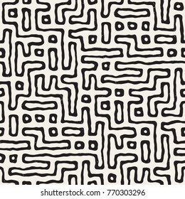 Vector Seamless Black And White Rounded Irregular Maze Pattern. Abstract Hand Drawn Geometric Background