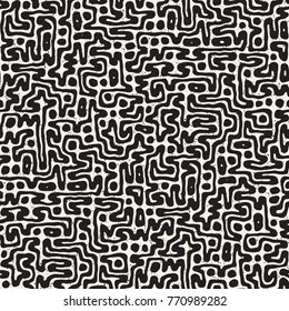 Vector Seamless Black And White Rounded Irregular Maze Pattern. Abstract Hand Drawn Geometric Background