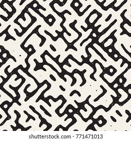 Vector Seamless Black And White Rounded Irregular Maze Pattern. Abstract Hand Drawn Geometric Background