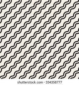 Vector Seamless Black And White Simple Diagonal Wavy Lines Pattern Abstract Background