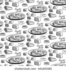 Vector seamless black and white sketch backdrop in the style of the etching. Collection of traditional Oriental sweets and lettering.