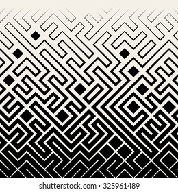 Vector Seamless Black & White Square Maze Lines Halftone Pattern Background