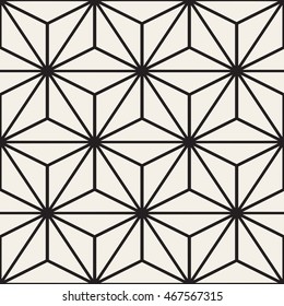 Vector Seamless Black And White Star Triangle Lines Grid Pattern. Abstract Geometric Background Design