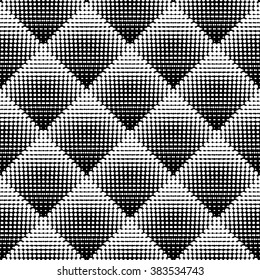 Vector Seamless Black And White Stippling Rhombus Gradient Halftone Circle Dot Work Pattern Abstract Background