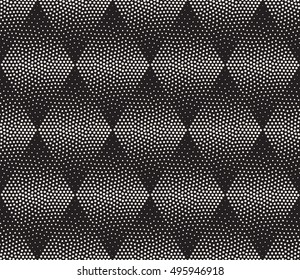 Vector Seamless Black and White Stippling Halftone Gradient Rhombus Pattern. Abstract Geometric Background Design