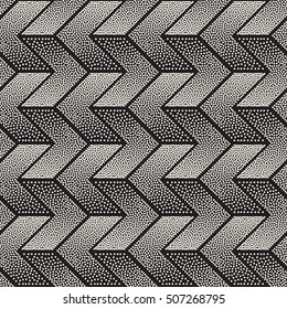 Vector Seamless Black and White Stippling Chevron Shapes Pattern. Abstract Geometric Background Design