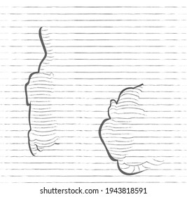 Vector seamless black and white striped pattern with silhouettes of tabby cats on the steps. View from above.