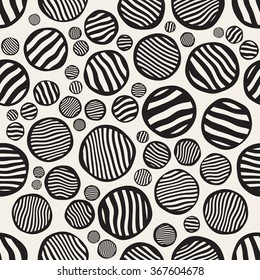 Vector Seamless Black And White Stripes Circles Jumble Hand Painted Pattern Abstract Background