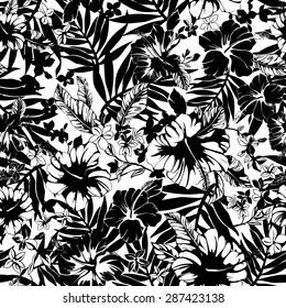 vector seamless black and white tropical hibiscus flower pattern with palm leaves. summer time. graphical print. 