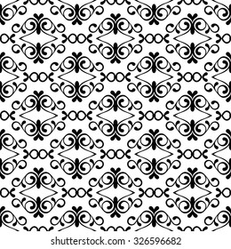 Vector seamless black and white vintage flourish pattern. Decorative floral swirl background. Design for fashion print, greeting cards, holiday package and wrapping. 