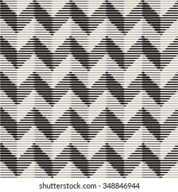 Vector Seamless Black And White Vintage Engraved Chevron ZigZag Horizontal Stripes Pattern Abstract Background