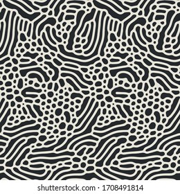 Vector seamless black and white wavy organic rounded shapes pattern. Abstract background