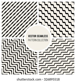 Vector Seamless Black And White Wavy ZigZag Diagonal Stripe Lines Pattern Collection Background