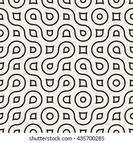 Vector Seamless Black And White Wavy Round Lines Irregular Geometric Pattern. Abstract Geometric Background Design