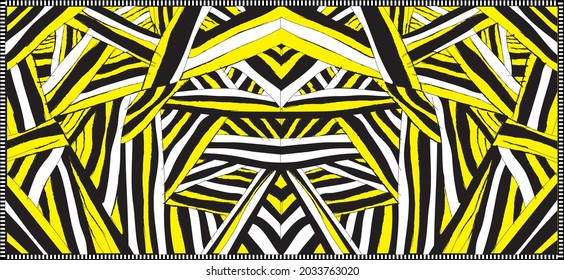 Vector Seamless Black, White and Yellow Irregular Rounded Lines Halftone Transition Abstract Background Pattern