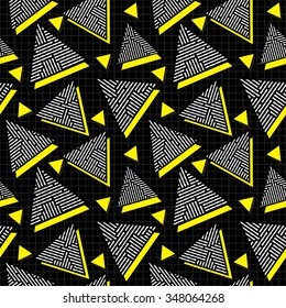 Vector Seamless Black White Yellow Vintage 80's Triangle Jumble Line Pattern on Square Grid Abstract Background