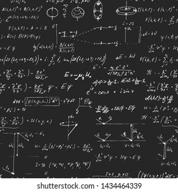 Vector Seamless Blackground With Hand Written Scientific Formulas And Calculations In Physics, Quantum Mechanics And Mathematics.