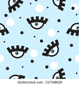 Vector seamless blue background with geometric drawn eyes, lashes and dots around.